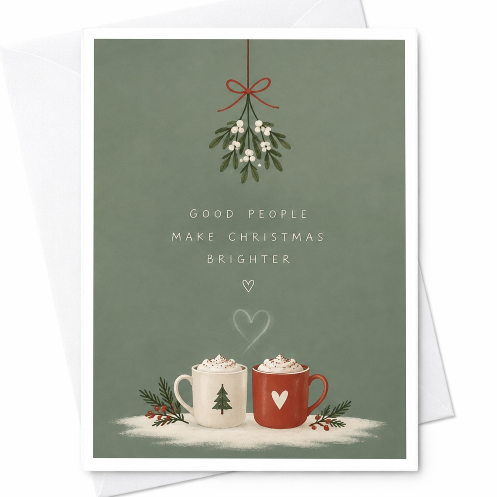 Good People Make Christmas Brighter Christmas Card Cute Holiday Greeting Card Mistletoe Cocoa Mugs Festive Card For Friends C8404