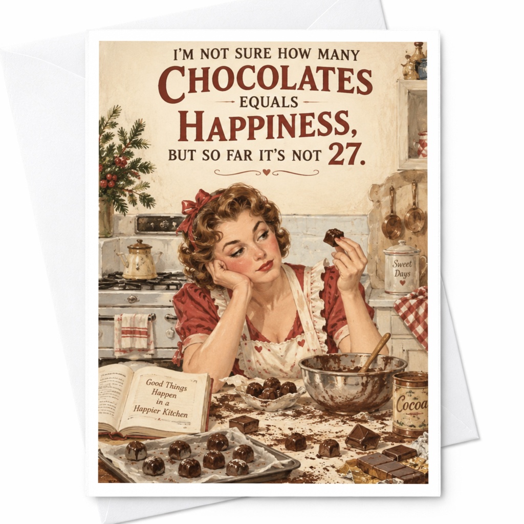 I'm Not Sure How Many Chocolates Equals Happiness Funny Greeting Card Vintage Kitchen Everyday Card For Her Chocolate Lover C8413
