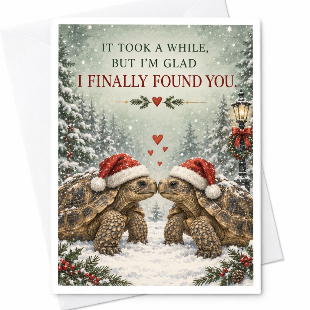 It Took A While, But I'm Glad I Finally Found You Christmas Card Cute Turtles With Santa Hats Romantic Holiday Card For Couple C8362