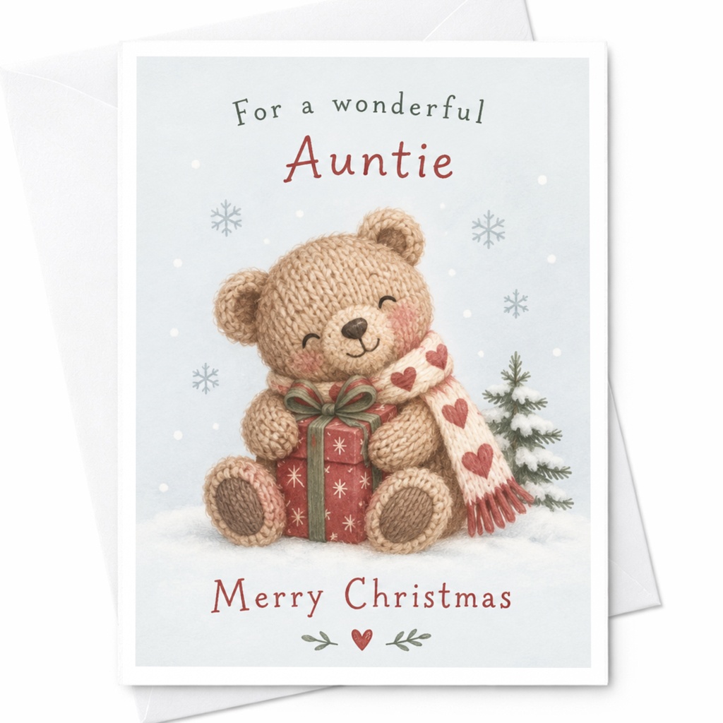 For A Wonderful Auntie Merry Christmas Card Cute Teddy Bear With Gift Holiday Greeting Card For Aunt Festive Xmas Card C8416