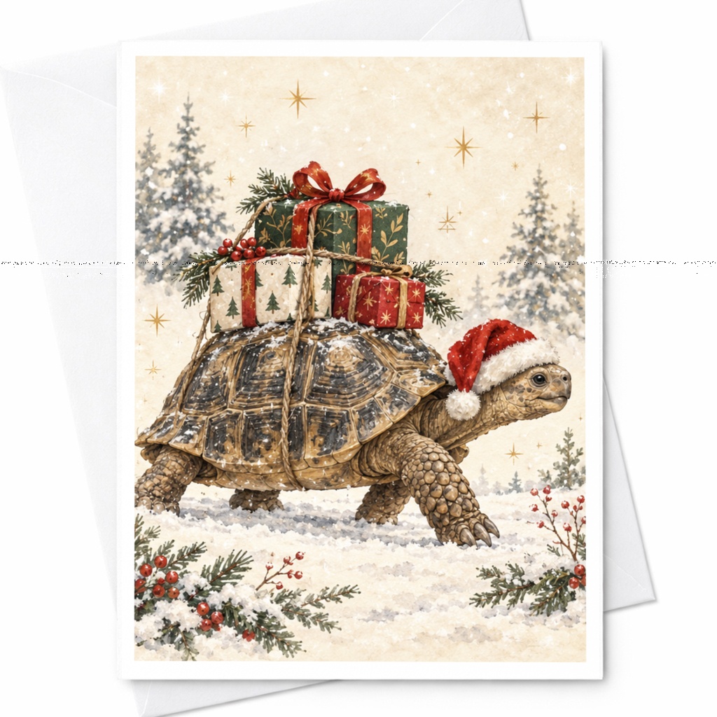 Tortoise Christmas Card Cute Animal Holiday Card Santa Hat Gifts Snowy Scene Festive Greeting Card For Animal Lover C8363