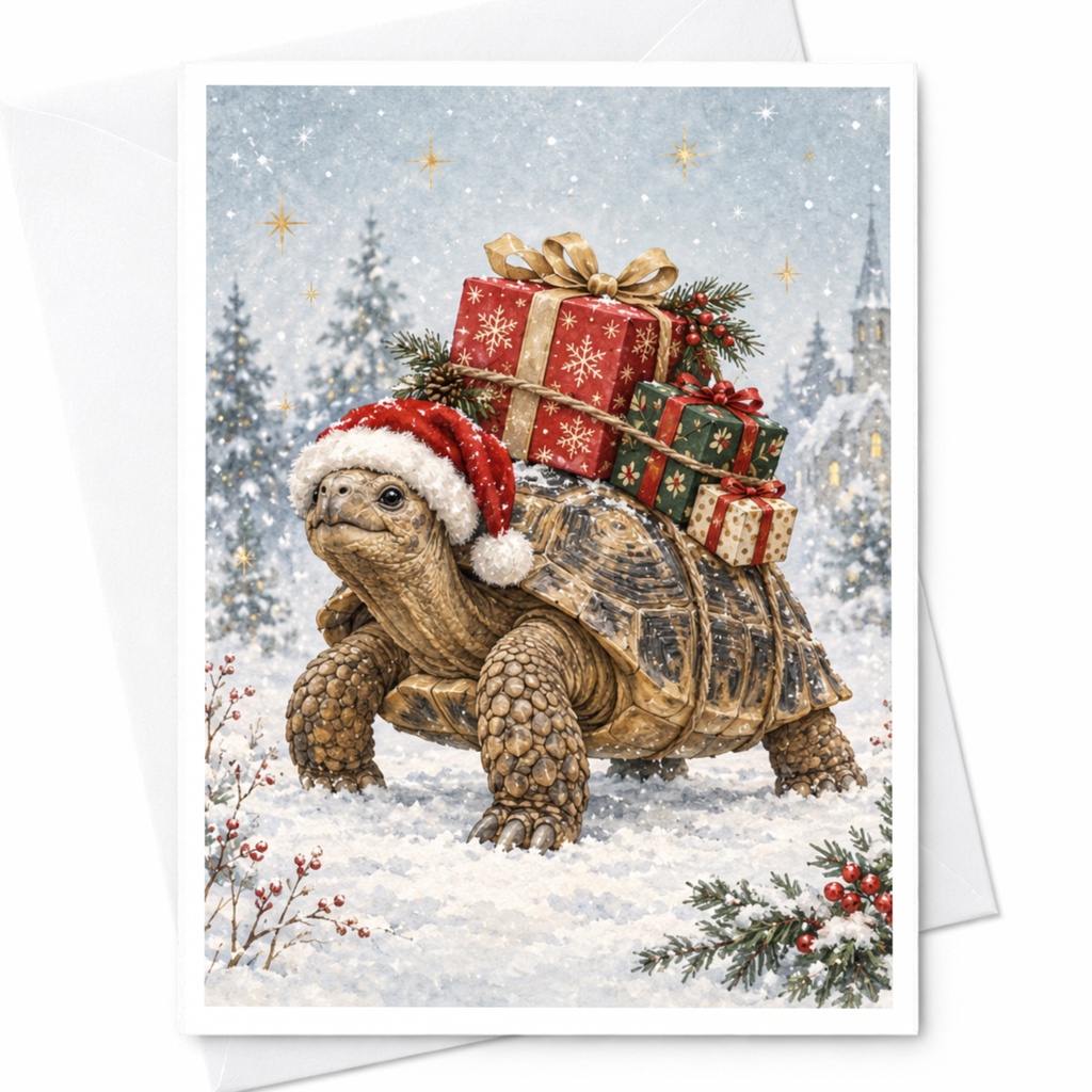 Tortoise Christmas Card Cute Animal Holiday Greeting Card Santa Hat Gifts Snowy Scene For Animal Lover Festive Winter Card C8364