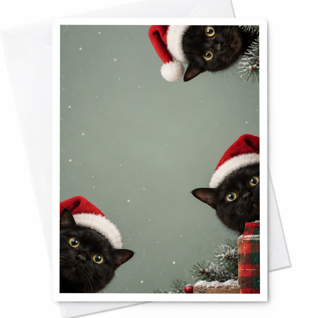 Black Cats In Santa Hats Christmas Card Cute Holiday Greeting Card For Cat Lovers Festive Feline Xmas Card With Santa Hats C8418