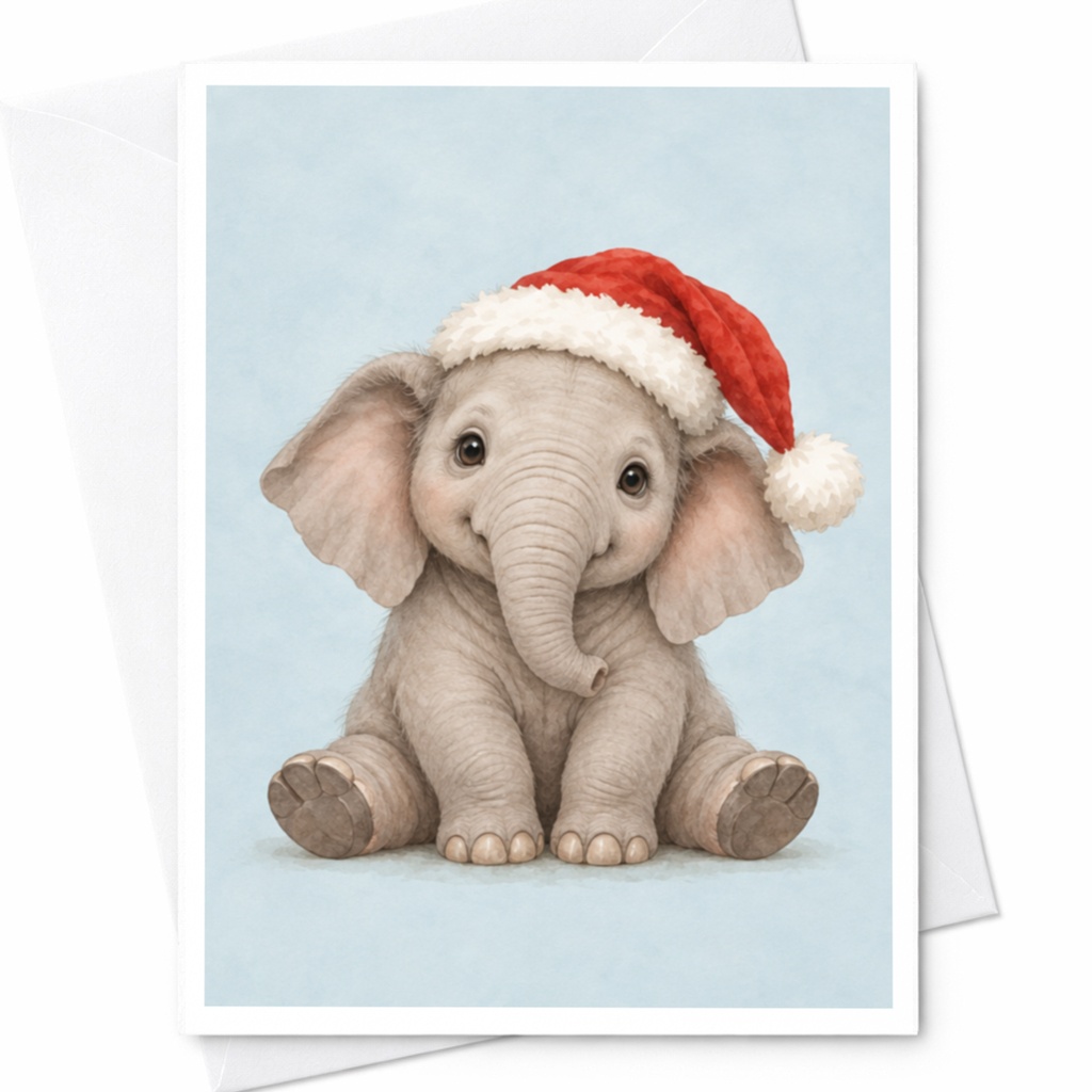 Cute Elephant Christmas Card Adorable Animal Holiday Greeting Card For Kids Santa Hat Festive Card For Elephant Lover C8373