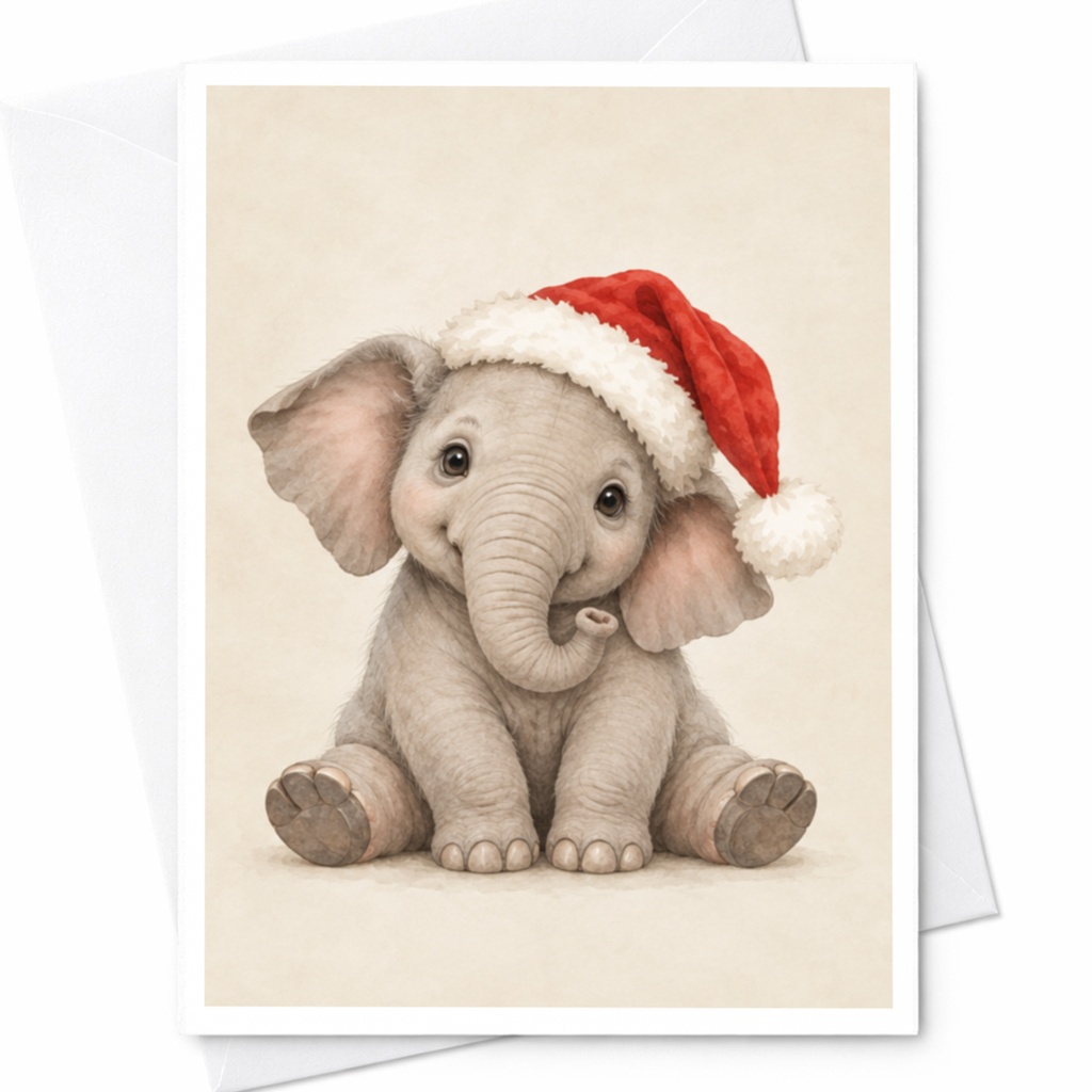 Cute Elephant Christmas Card Adorable Animal Holiday Greeting Card For Kids Family Festive Season Santa Hat C8374