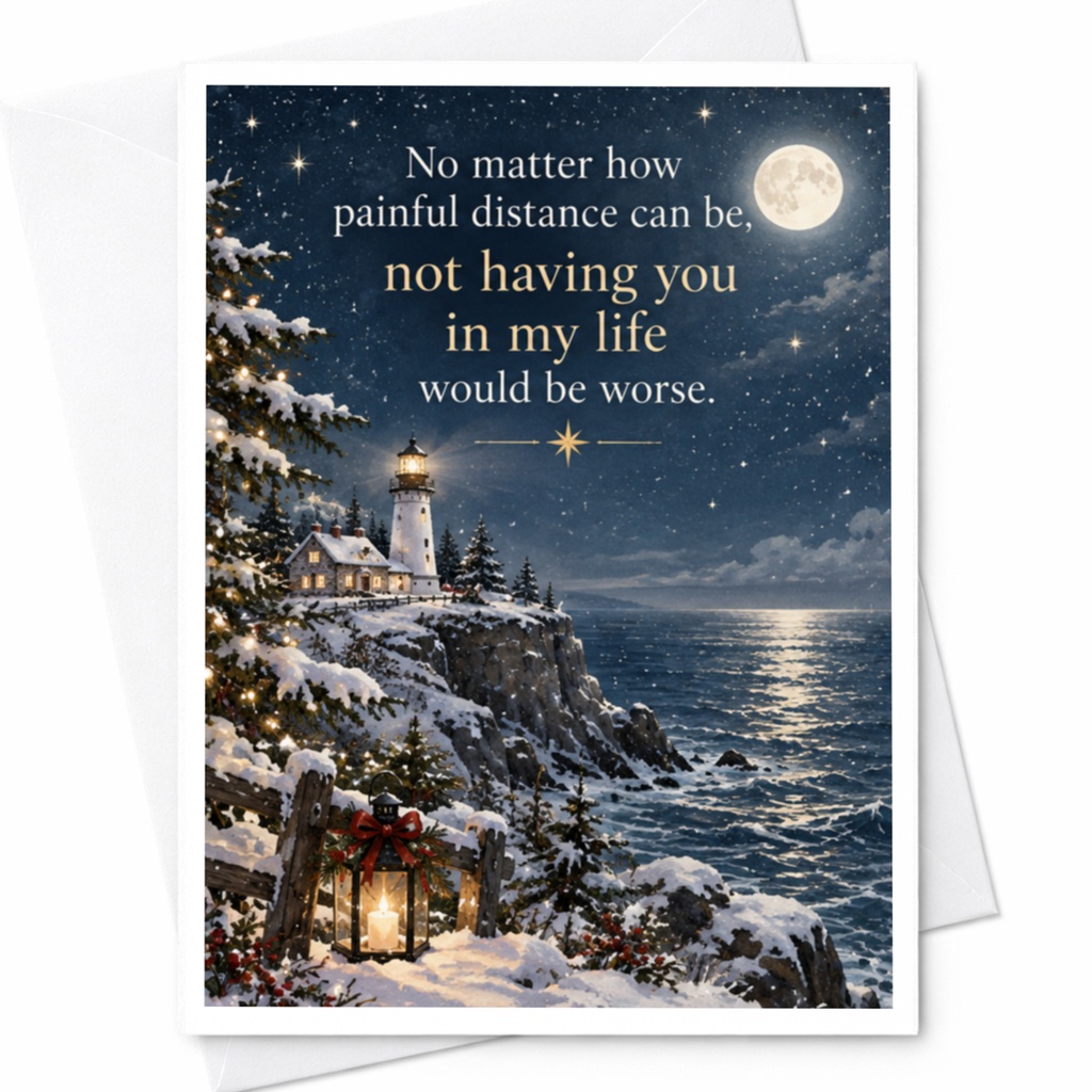 No Matter How Painful Distance Can Be Thinking Of You Card Lighthouse Winter Scene Romantic Greeting Card For Loved One C8375