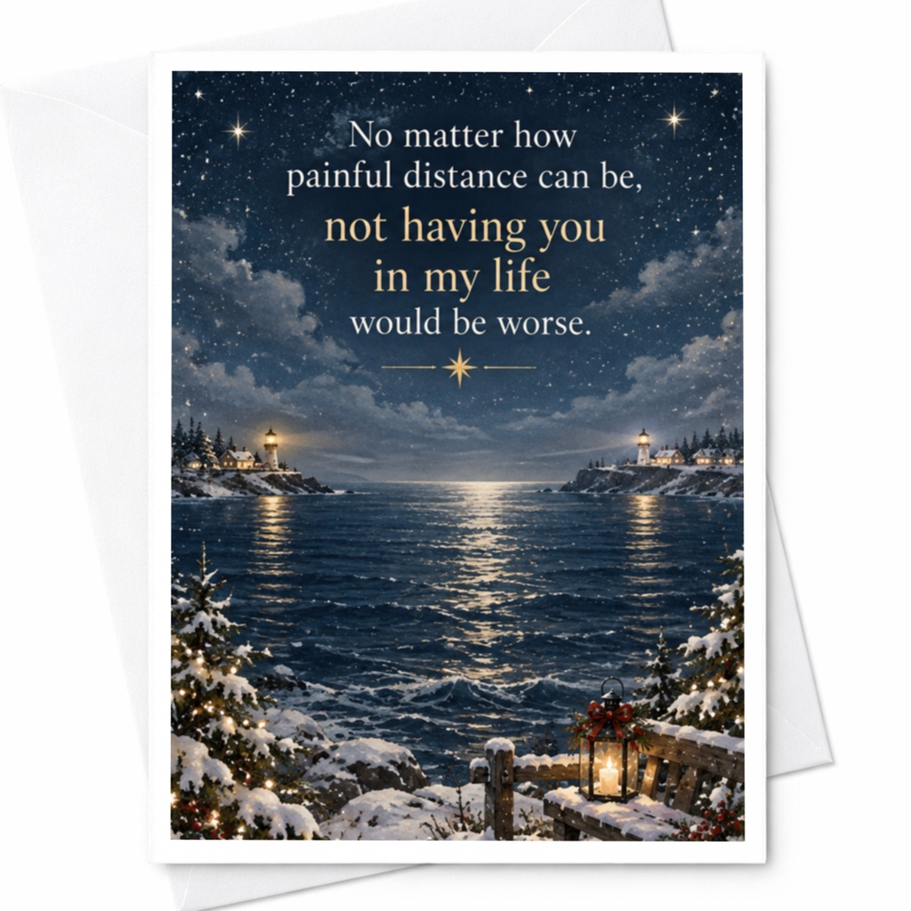 No Matter How Painful Distance Can Be Thinking Of You Card Winter Coastal Scene Romantic Greeting Card For Loved One C8376
