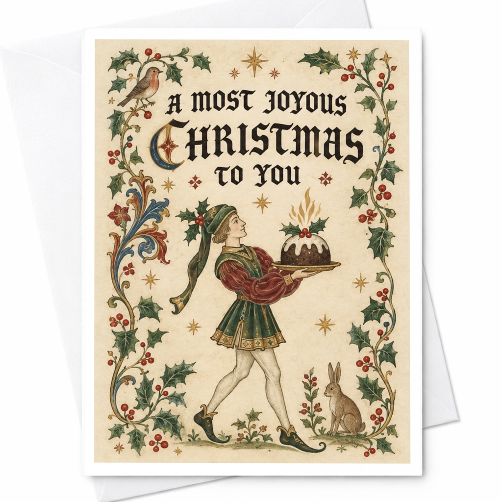 A Most Joyous Christmas To You Vintage Christmas Card Holiday Greeting Card Festive Illustration With Holly And Pudding C8377