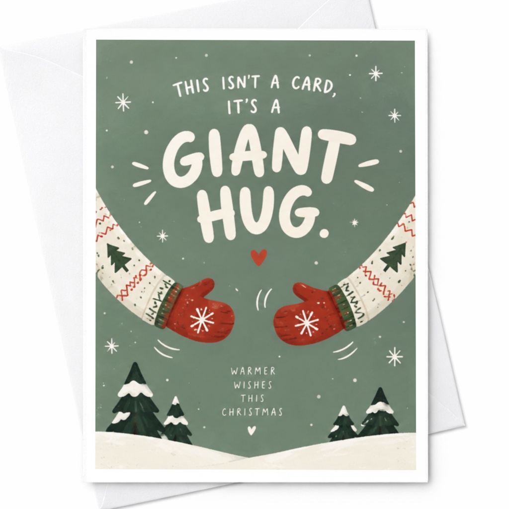 This Isn't A Card, It's A Giant Hug Christmas Card Warm Wishes Holiday Greeting Card Cute Winter Mittens C8380