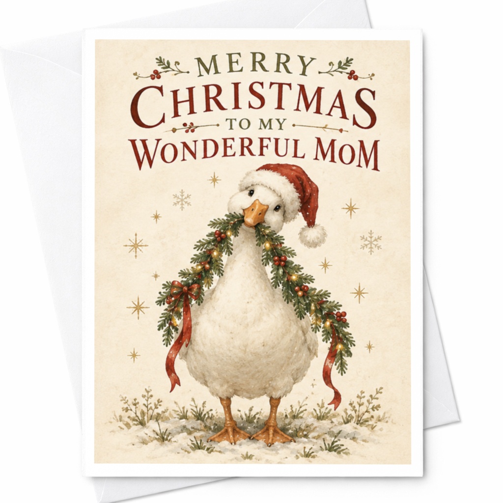 Merry Christmas To My Wonderful Mom Cute Christmas Card Duck With Santa Hat Garland Holiday Card For Mom Festive Greeting C8381