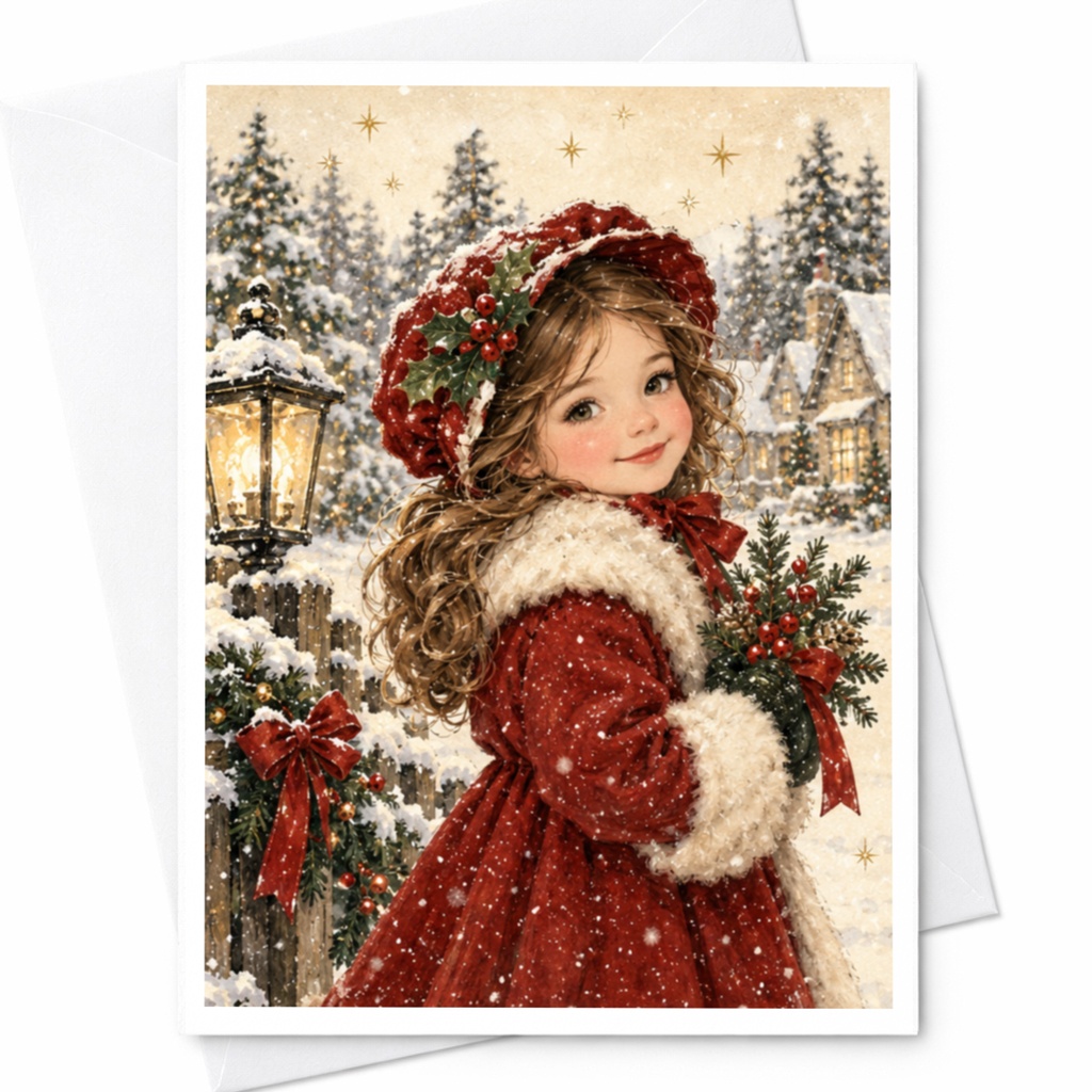 Vintage Christmas Card Girl In Winter Scene Holiday Greeting Card For Her Cute Festive Snowy Cottage Illustration C8393