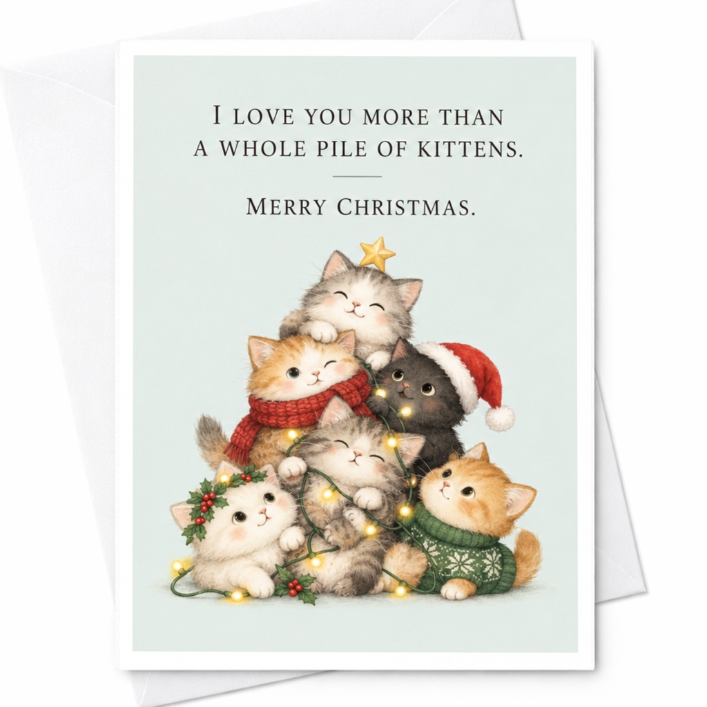 I Love You More Than A Whole Pile Of Kittens Merry Christmas Card Cute Cat Holiday Greeting For Cat Lover Adorable Xmas Card C8396