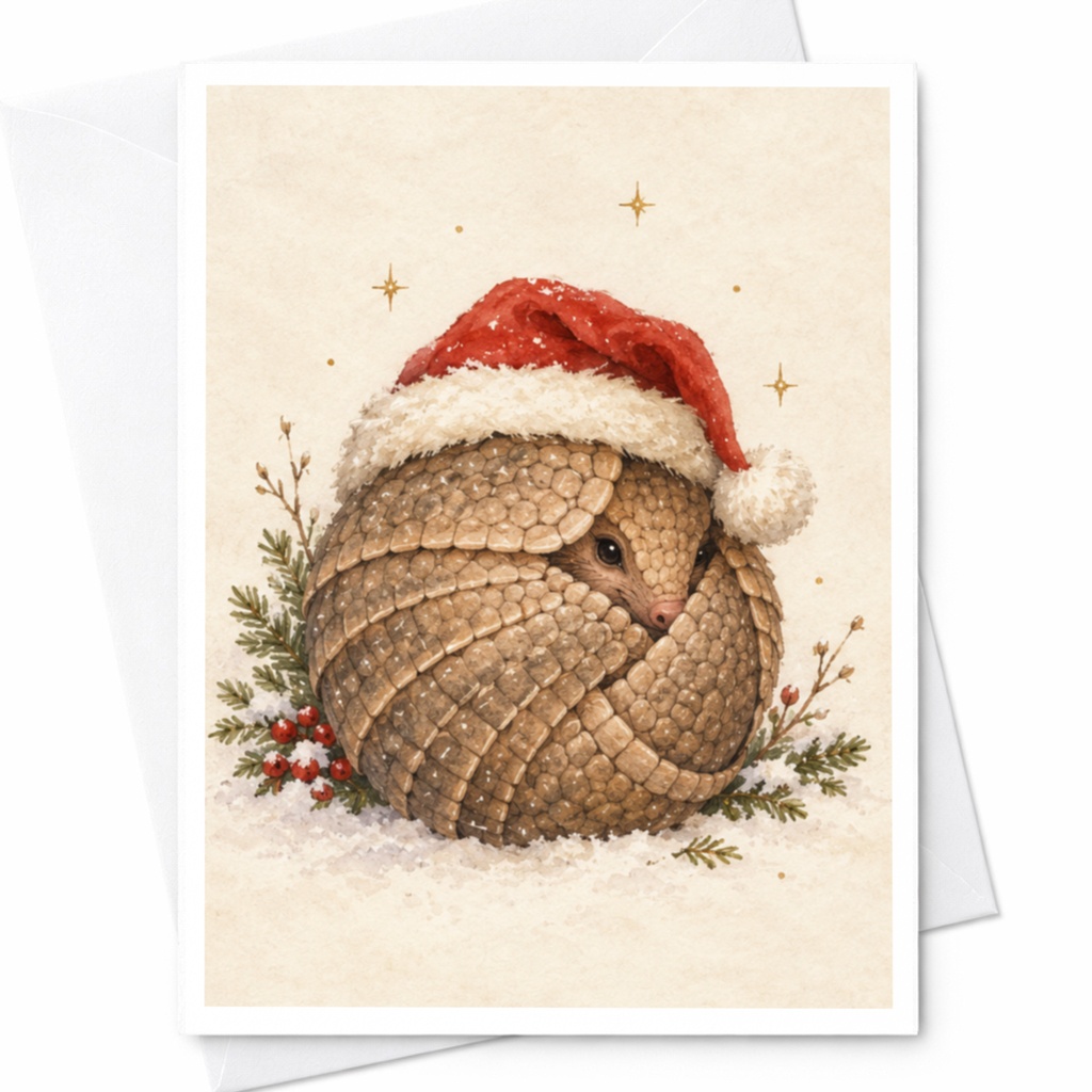 Armadillo With Santa Hat Christmas Card Cute Animal Holiday Greeting Card Festive Winter Card For Animal Lovers C8405