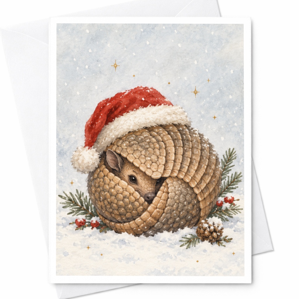 Armadillo Christmas Card Cute Animal Holiday Greeting Card Winter Festive Card For Animal Lover With Santa Hat Snowy Scene C8406