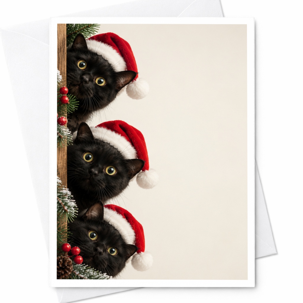 Black Cats Christmas Card Cute Holiday Greeting Card For Cat Lover Festive Santa Hat Cats Blank Note Card Animal Lover C8417