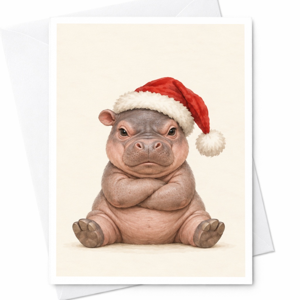 Hippo With Santa Hat Christmas Card Cute Animal Holiday Greeting Card Funny Festive Card For Kids And Animal Lovers C8423