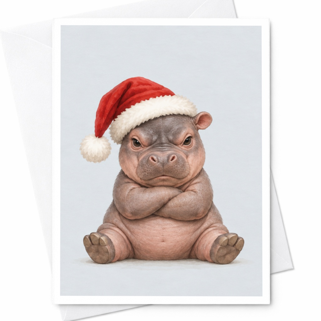 Hippo With Santa Hat Christmas Card Cute Animal Holiday Greeting Card Funny Festive Card For Kids Family Friends C8424