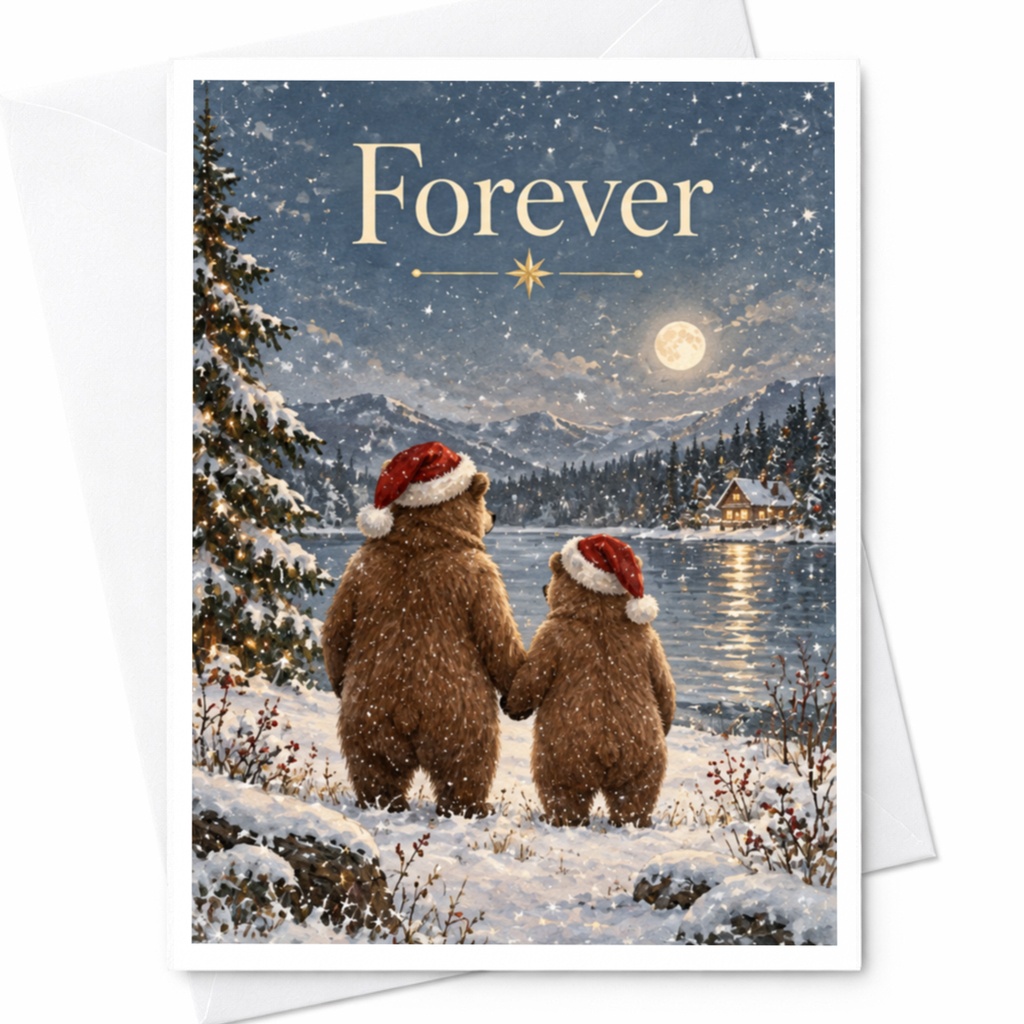 Forever Christmas Card Cute Bears Winter Scene Holiday Greeting Card For Couple Romantic Snowy Landscape C8426
