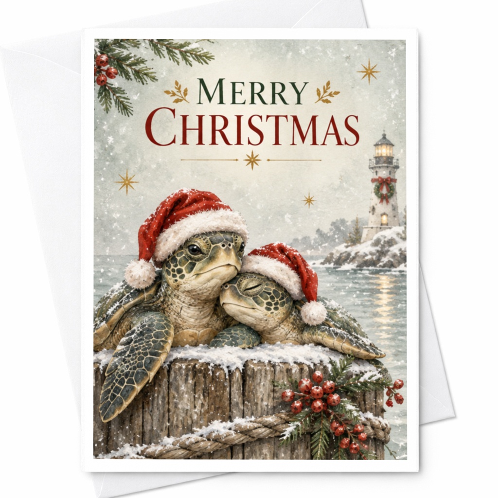 Merry Christmas Cute Turtles Card Christmas Card Festive Holiday Greeting Card With Santa Hats For Animal Lovers C8428