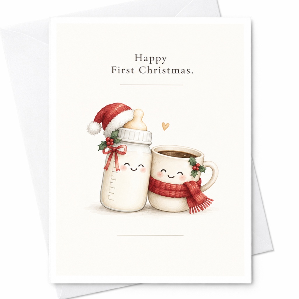 Happy First Christmas. Cute Baby's First Christmas Card Holiday Greeting Card New Parents Festive Baby Bottle Coffee Cup C8431