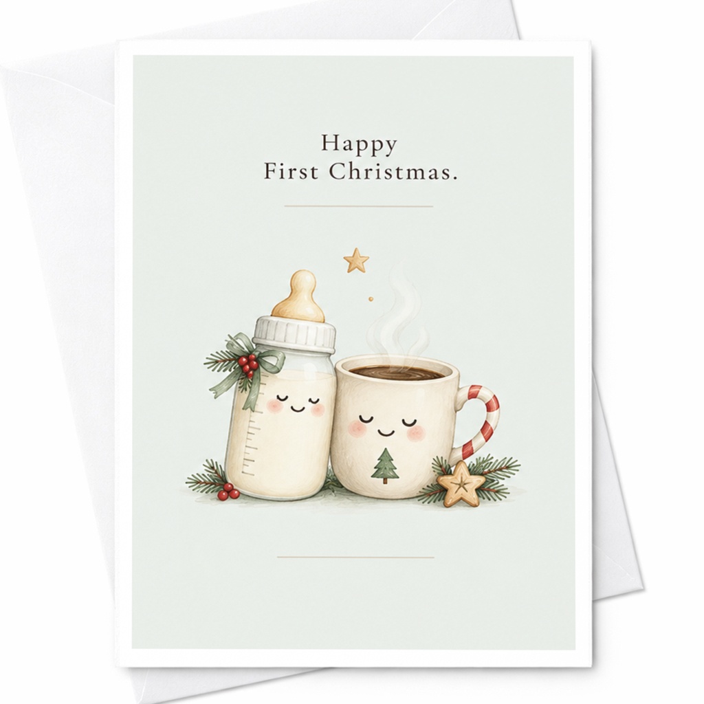 Happy First Christmas Baby's First Christmas Card Cute Holiday Greeting Card New Parents Festive Baby Bottle Mug C8432
