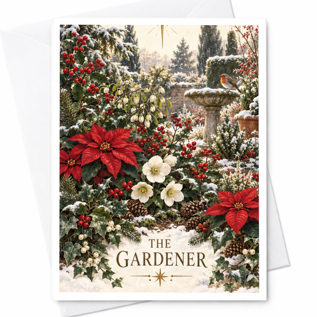 The Gardener Christmas Card Winter Garden Scene Poinsettias Robin Holiday Greeting Card For Gardeners Nature Lovers C8437