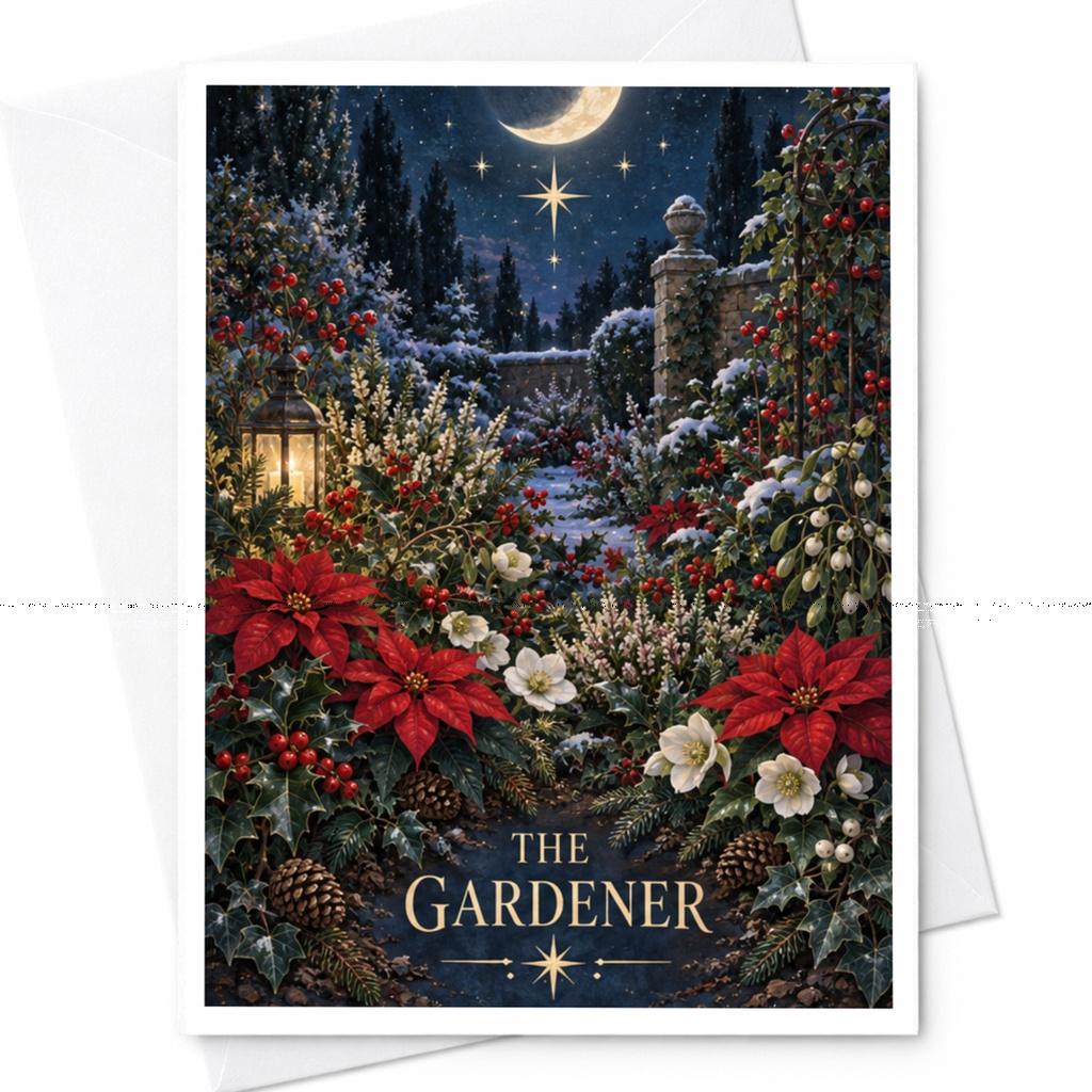 The Gardener Christmas Card Winter Garden Scene Poinsettias Lantern Holiday Greeting Card For Garden Lover Festive Floral C8438