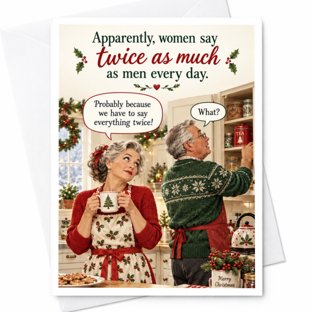 Apparently, Women Say Twice As Much Funny Christmas Card For Couple Holiday Greeting Card Festive Kitchen Scene C8443