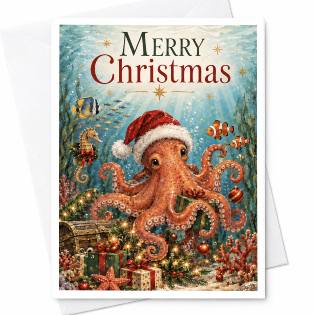 Merry Christmas Octopus Card Cute Underwater Holiday Greeting Card With Santa Hat And Gifts For Ocean Lovers C8445