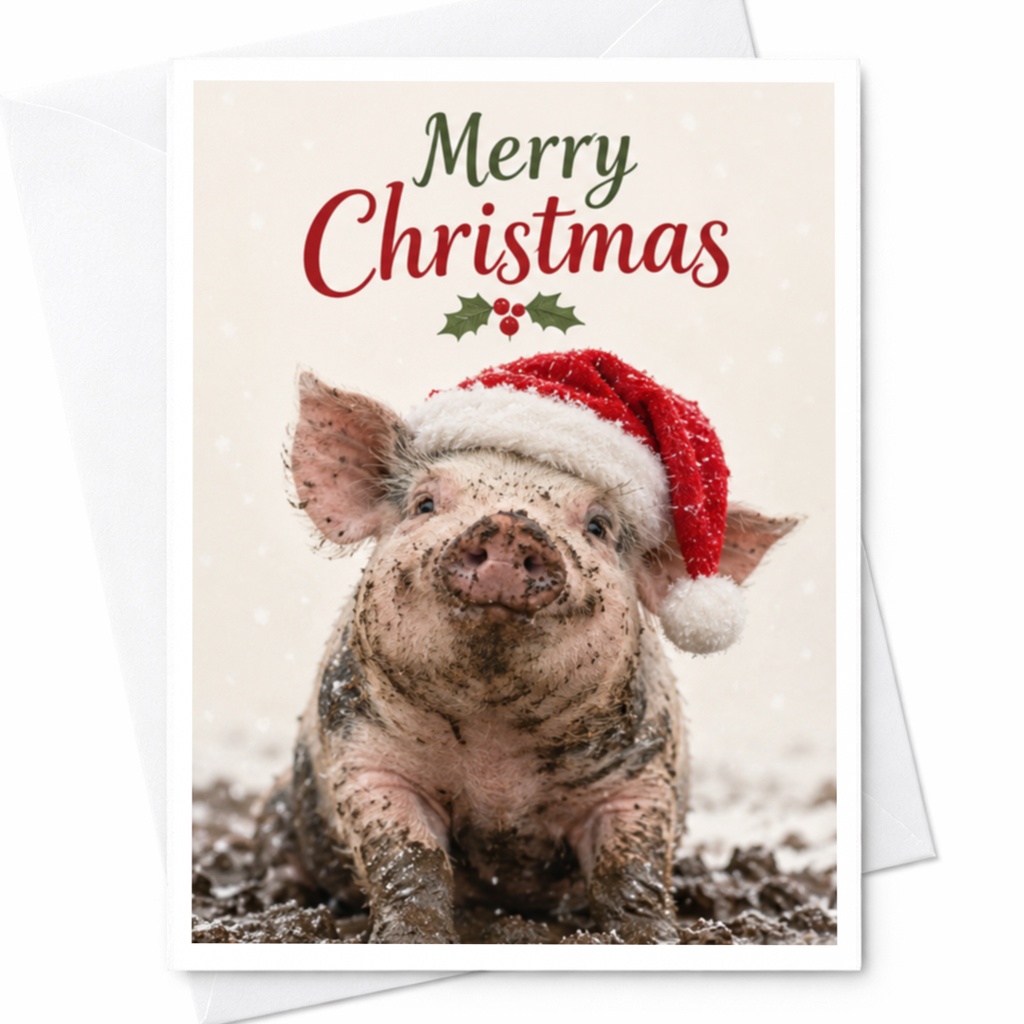 Merry Christmas Cute Pig Card Funny Holiday Greeting Card Animal Lover Christmas Card With Santa Hat Festive Xmas Card C8451