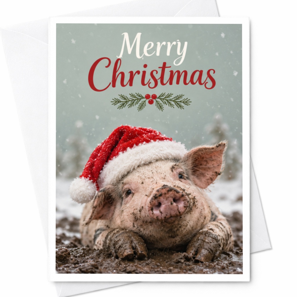 Merry Christmas Cute Pig Card Funny Holiday Greeting Card Animal Lover Christmas Card With Santa Hat Festive Winter Card C8452