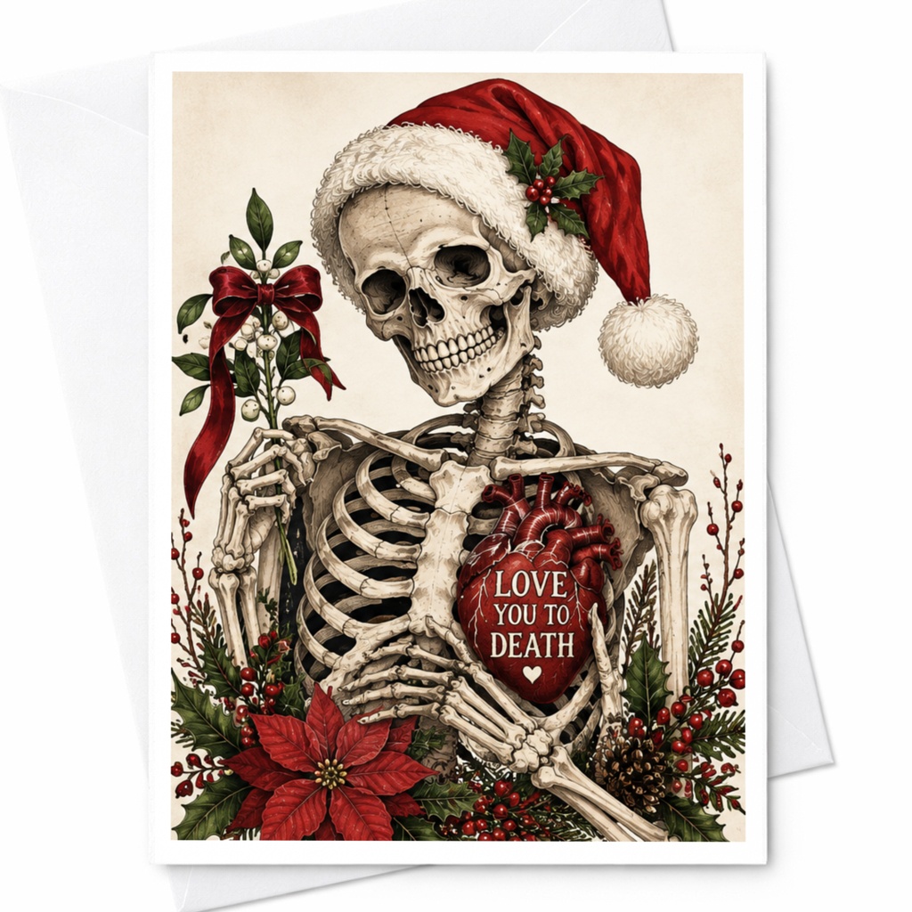 Love You To Death Christmas Card Skeleton With Santa Hat Romantic Holiday Greeting Card For Partner Cute Festive Card C8460