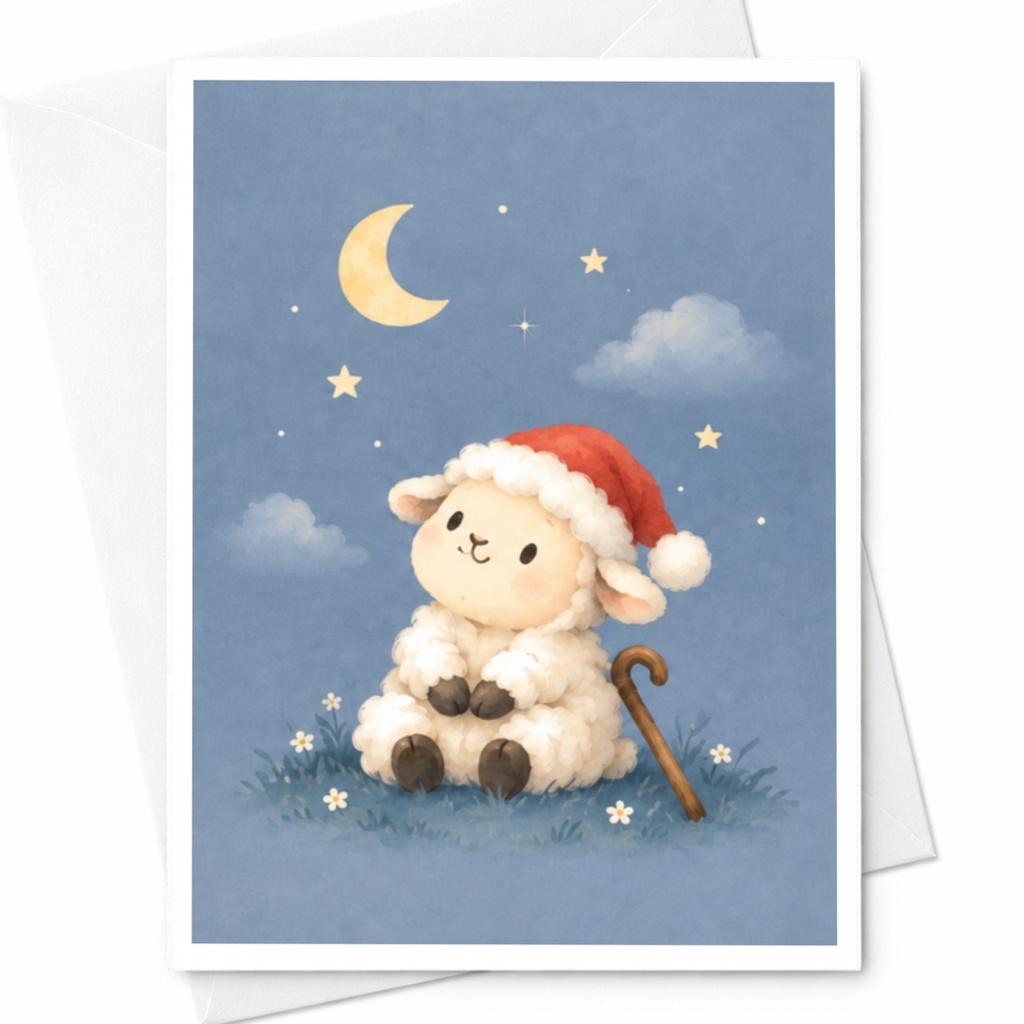 Cute Lamb Christmas Card Santa Hat Under Moon Stars Holiday Greeting Card For Kids Adorable Animal Lover Festive Card C8470