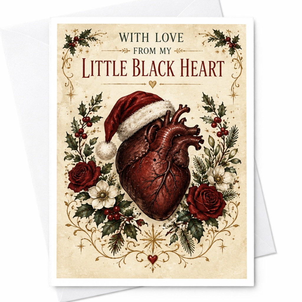 With Love From My Little Black Heart Christmas Card Heart With Santa Hat Floral Holiday Greeting Card C8473
