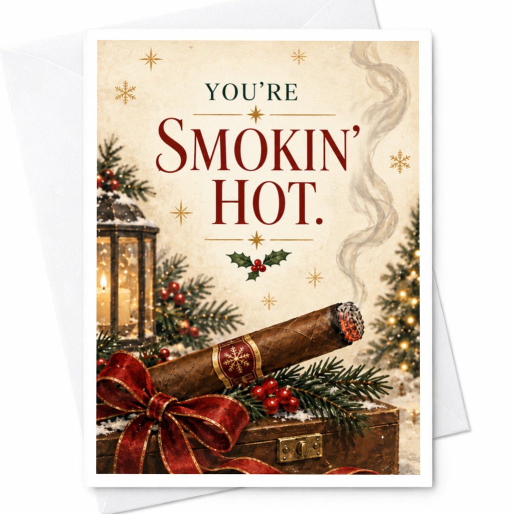 You're Smokin' Hot. Christmas Card Romantic Holiday Greeting For Him Festive Cigar Cute Winter Love Card C8475