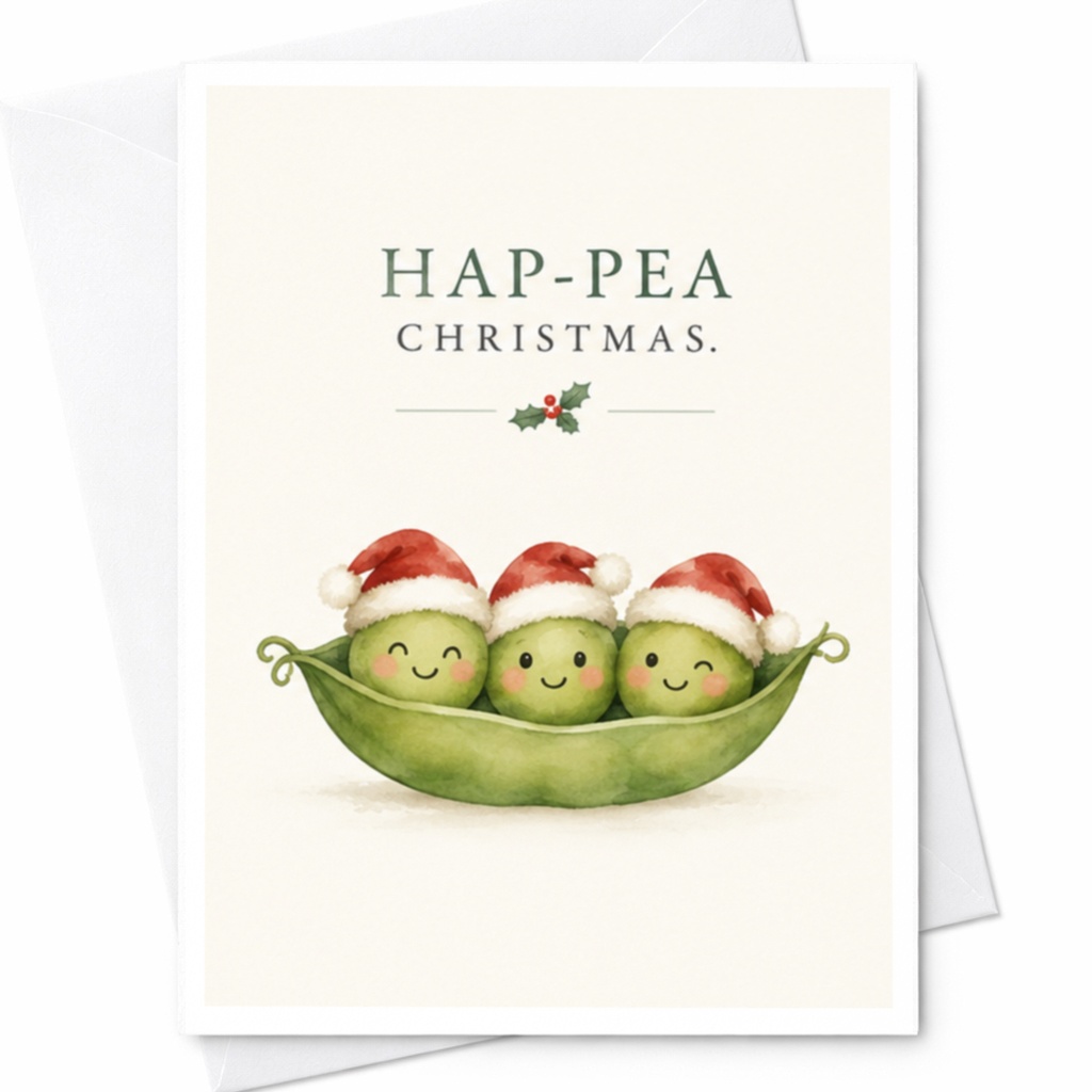 Hap-Pea Christmas. Cute Christmas Card Peas In A Pod With Santa Hats Funny Holiday Greeting Card For Family Friends C8477