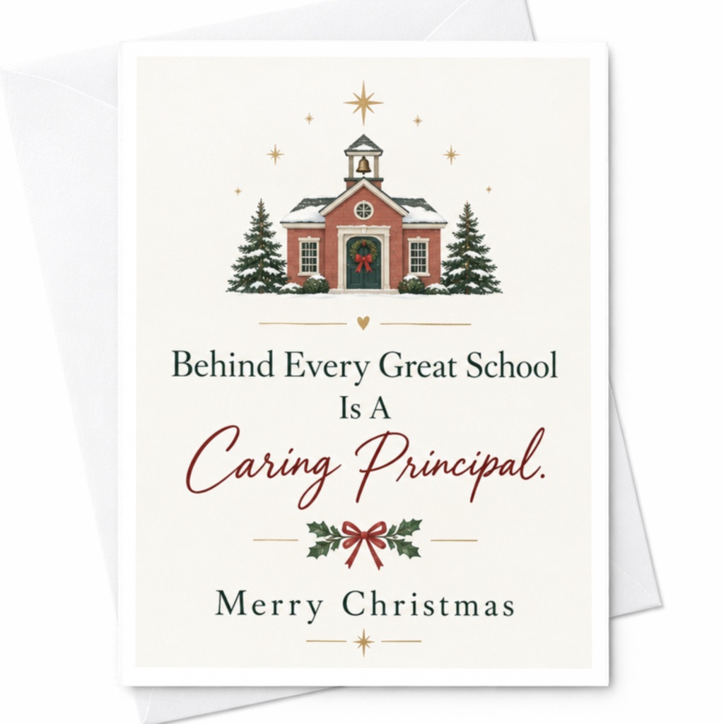 Behind Every Great School Is A Caring Principal. Merry Christmas Card For Principal Holiday Greeting Card School Christmas Card C8479