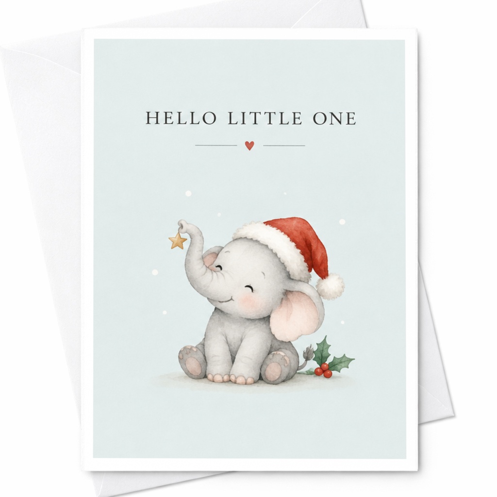 Hello Little One Christmas Card Cute Elephant With Santa Hat Baby's First Christmas Greeting Card Adorable Holiday Card C8484