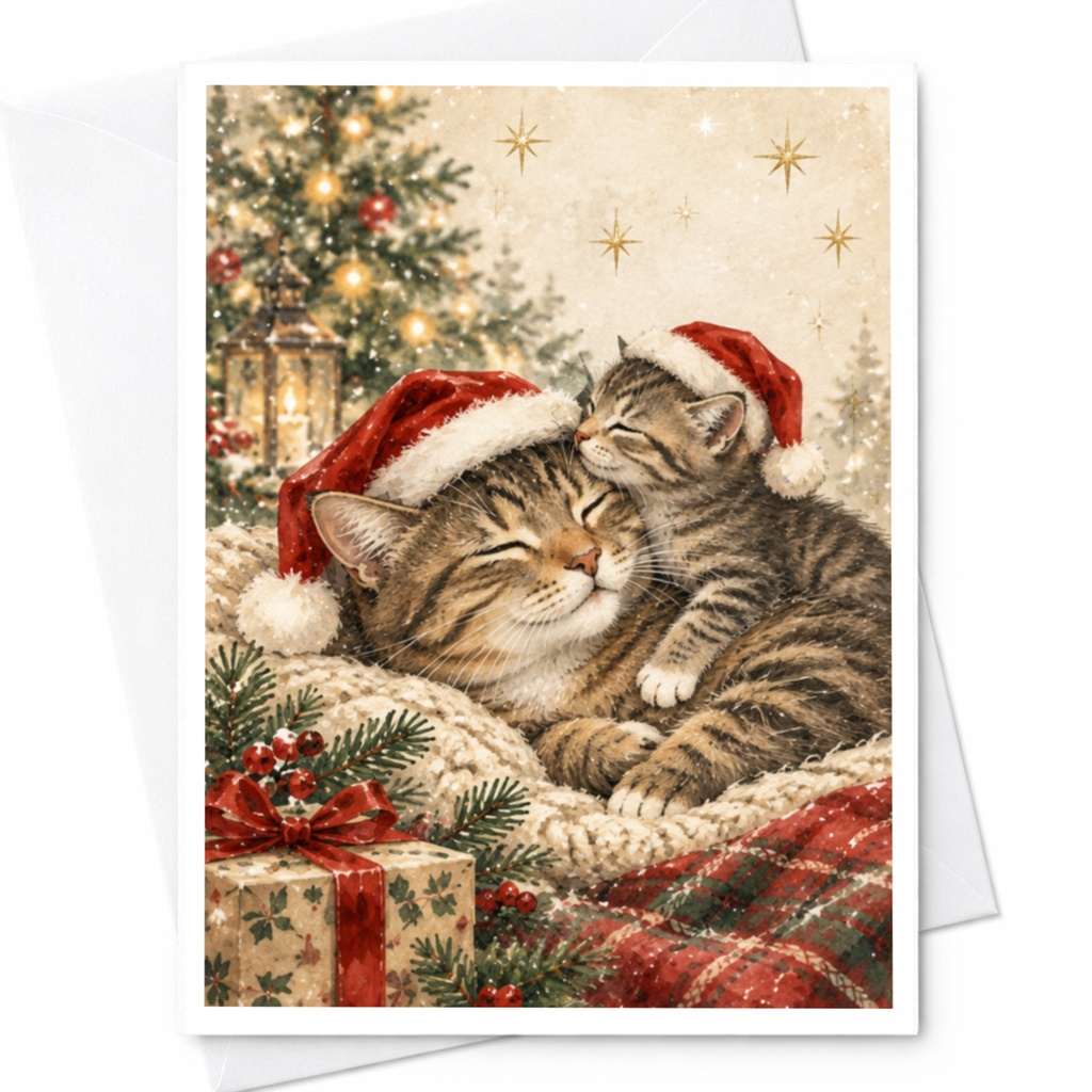 Cats In Santa Hats Christmas Card Cute Holiday Greeting Card For Cat Lovers Festive Animal Card Cozy Winter Scene C8487