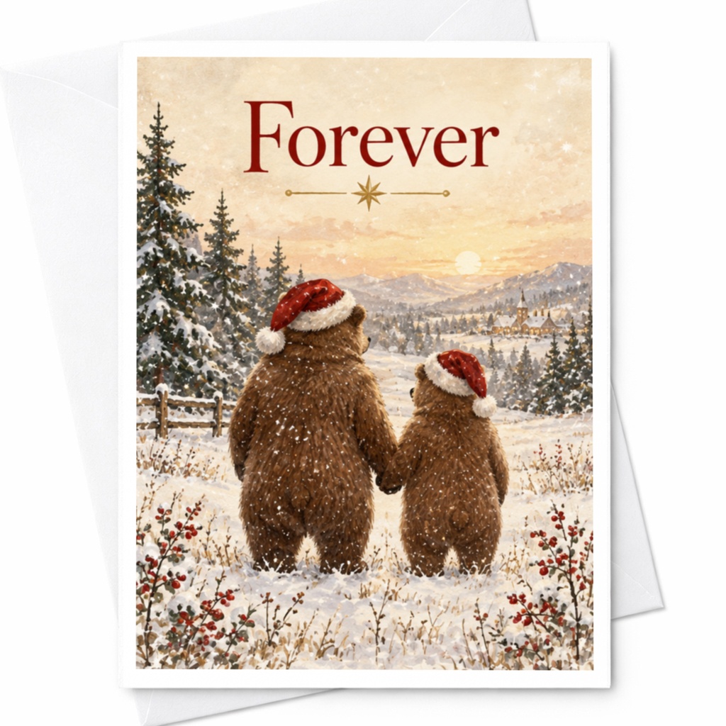 Forever Christmas Card Cute Bears Winter Scene Holiday Greeting Card For Couple Romantic Snowy Landscape C8425