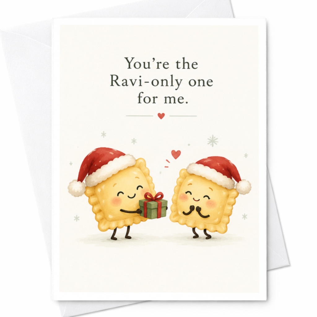 You're The Ravi-Only One For Me Christmas Card Cute Holiday Greeting Card For Partner Funny Pasta Love Card C8489