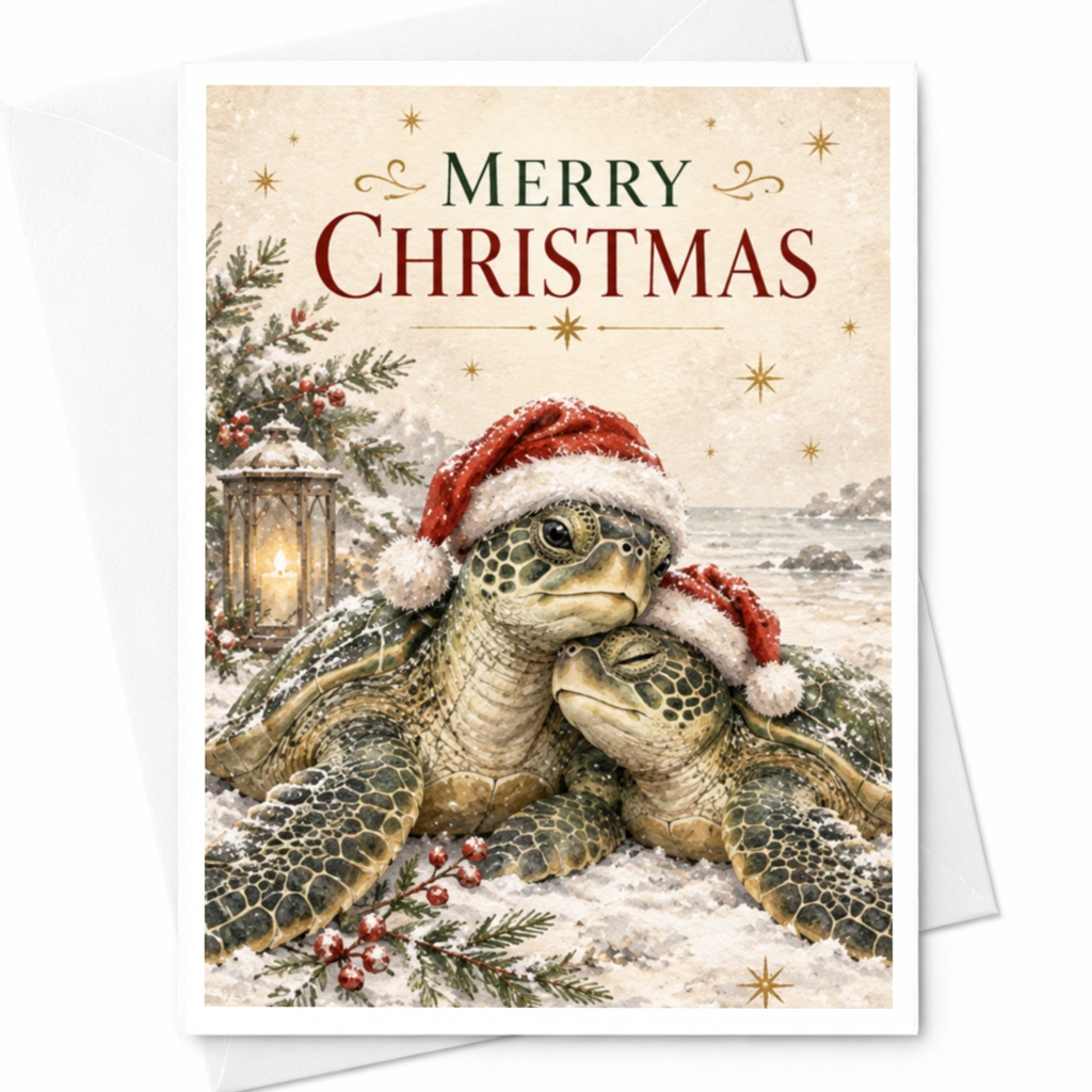 Merry Christmas Cute Turtles Card Christmas Card Adorable Sea Turtle Holiday Card Animal Lover Festive Greeting Card C8427