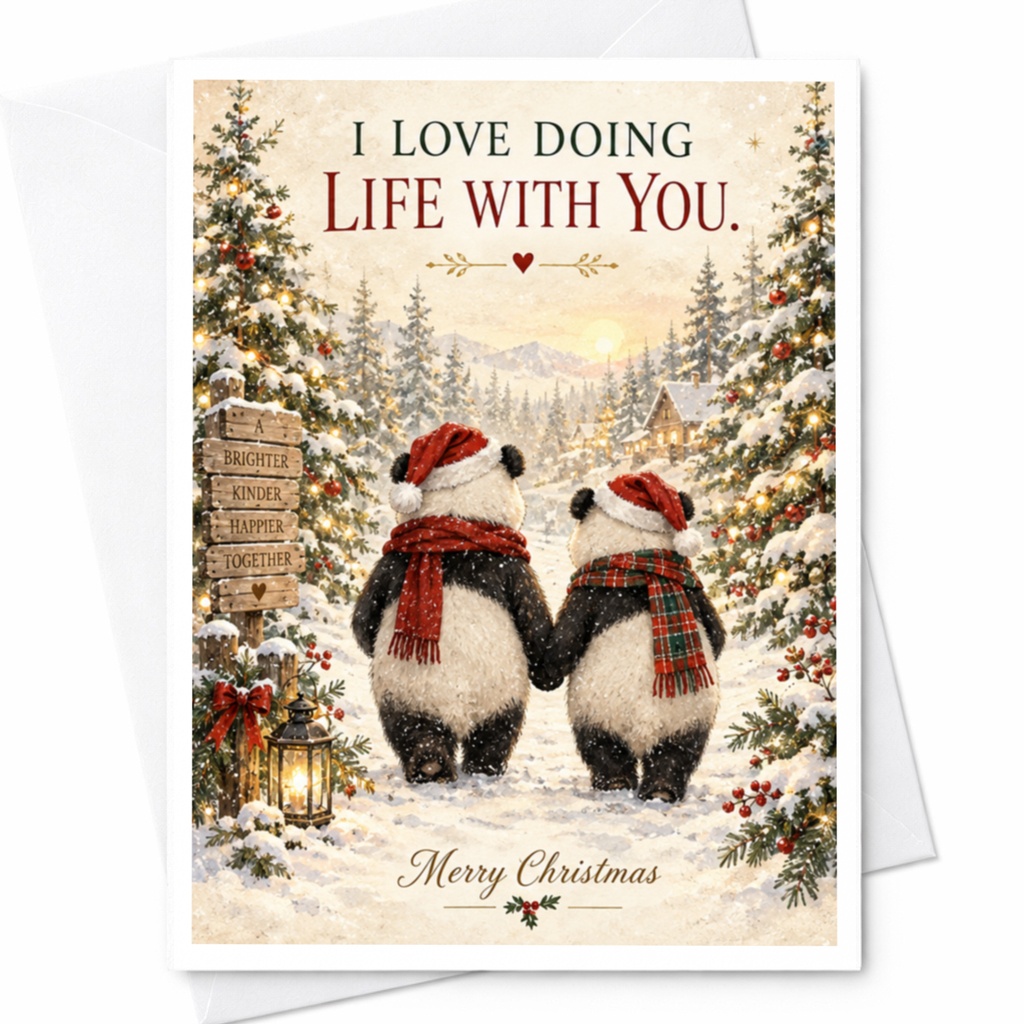 I Love Doing Life With You. Merry Christmas Card Cute Panda Couple Holiday Greeting Card Romantic Winter Scene For Partner C8495