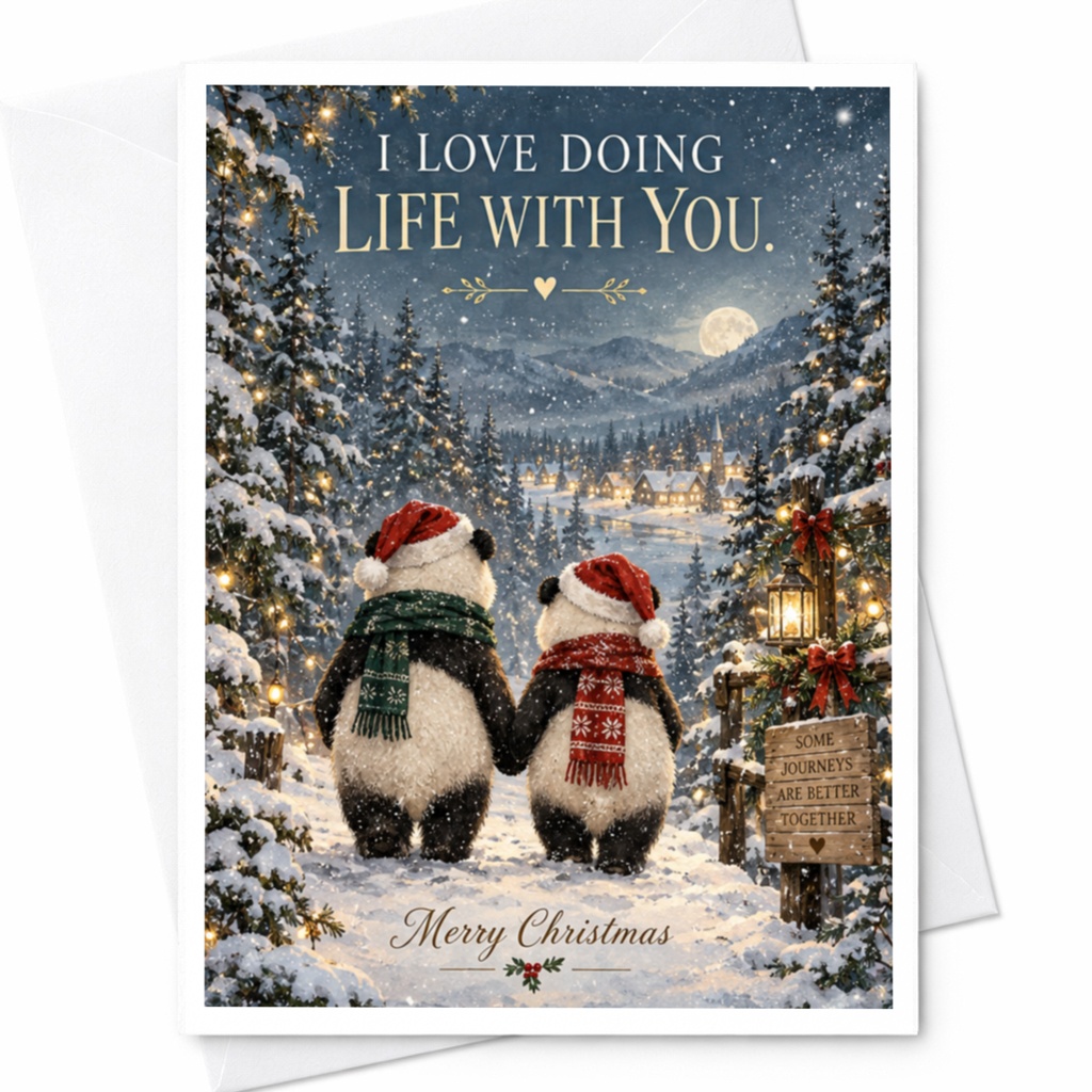 I Love Doing Life With You. Merry Christmas Card Cute Panda Couple Winter Scene Holiday Card For Partner Romantic Xmas Card C8496