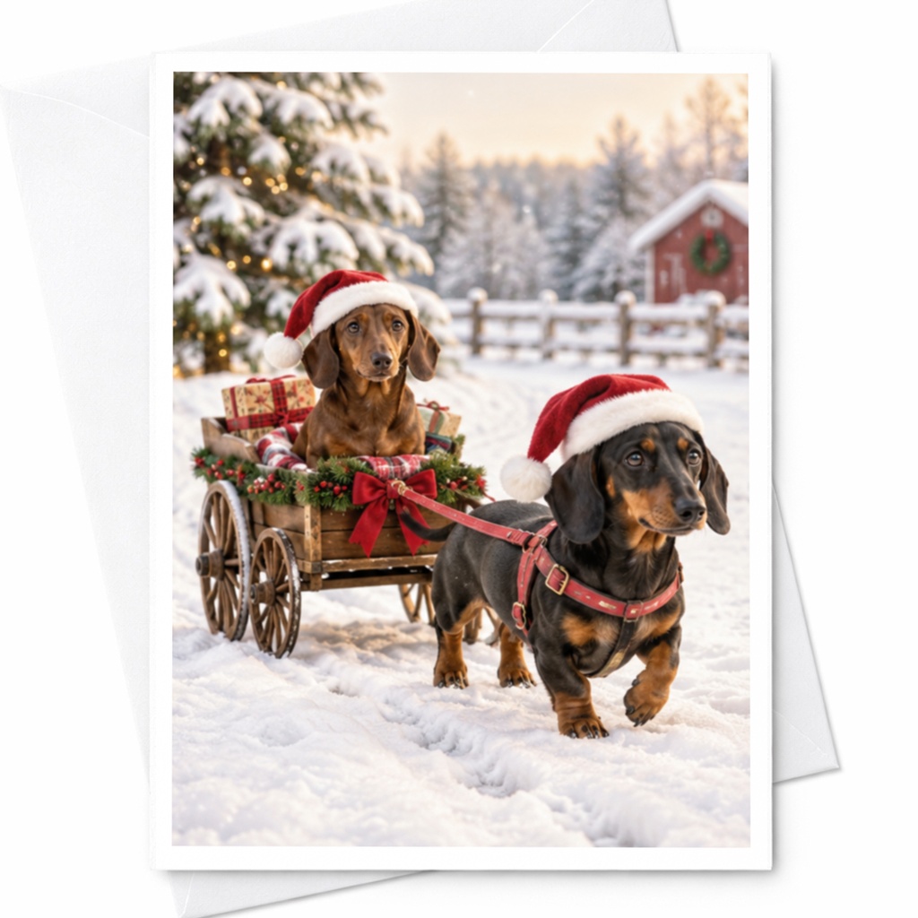 Dachshund Christmas Card Cute Holiday Greeting Card Santa Hat Dogs Winter Scene For Dog Lover Festive Xmas Card C8497
