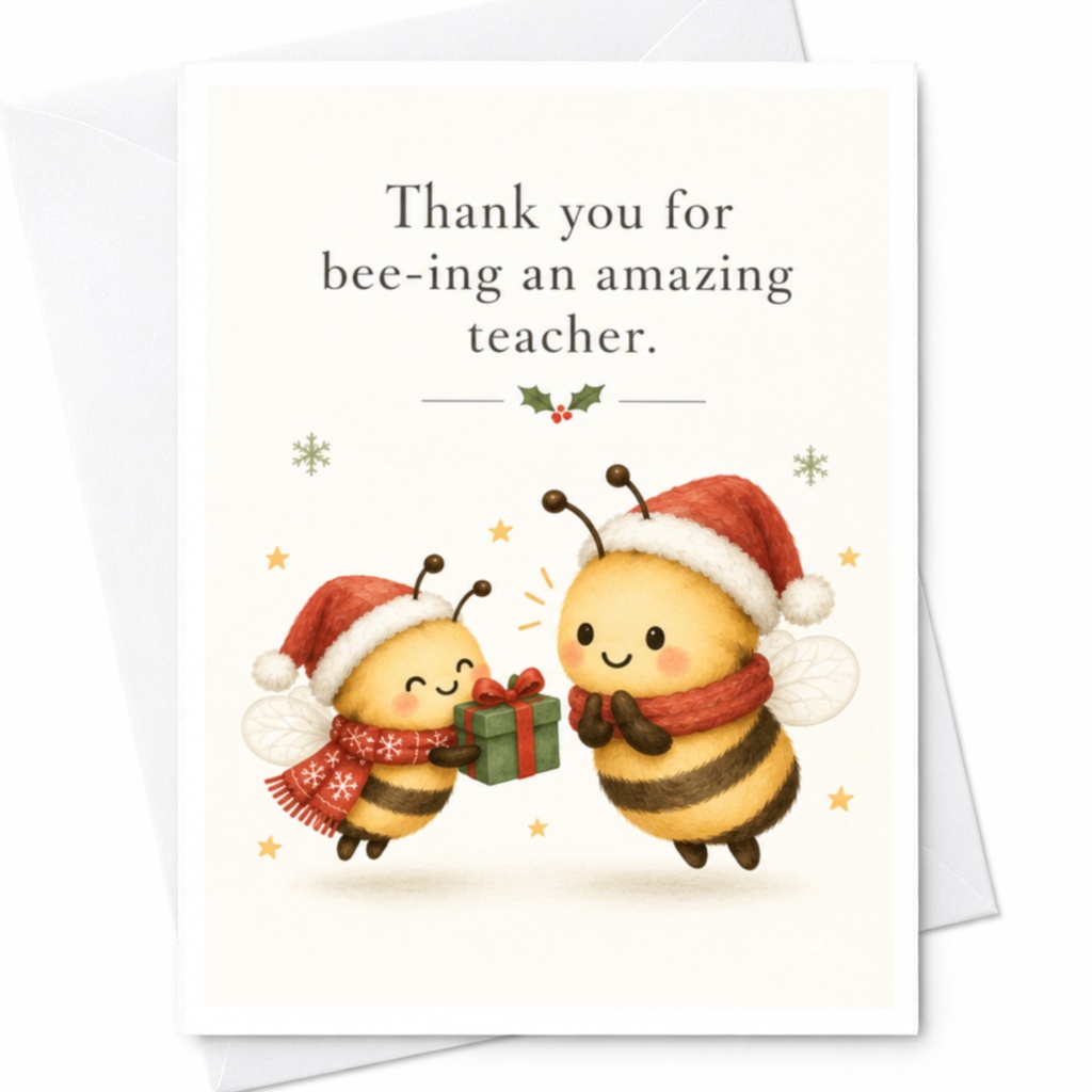 Thank You For Bee-Ing An Amazing Teacher Christmas Card Cute Bees Santa Hats Gift Holiday Card For Teacher Appreciation C8501