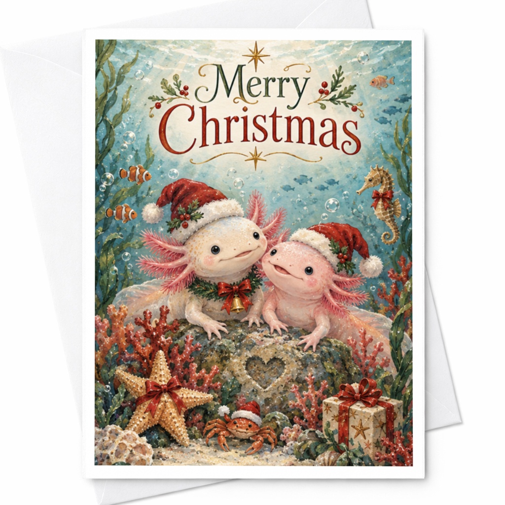 Merry Christmas Cute Axolotl Card Underwater Holiday Greeting Card Adorable Sea Life Christmas Card For Animal Lovers C8503