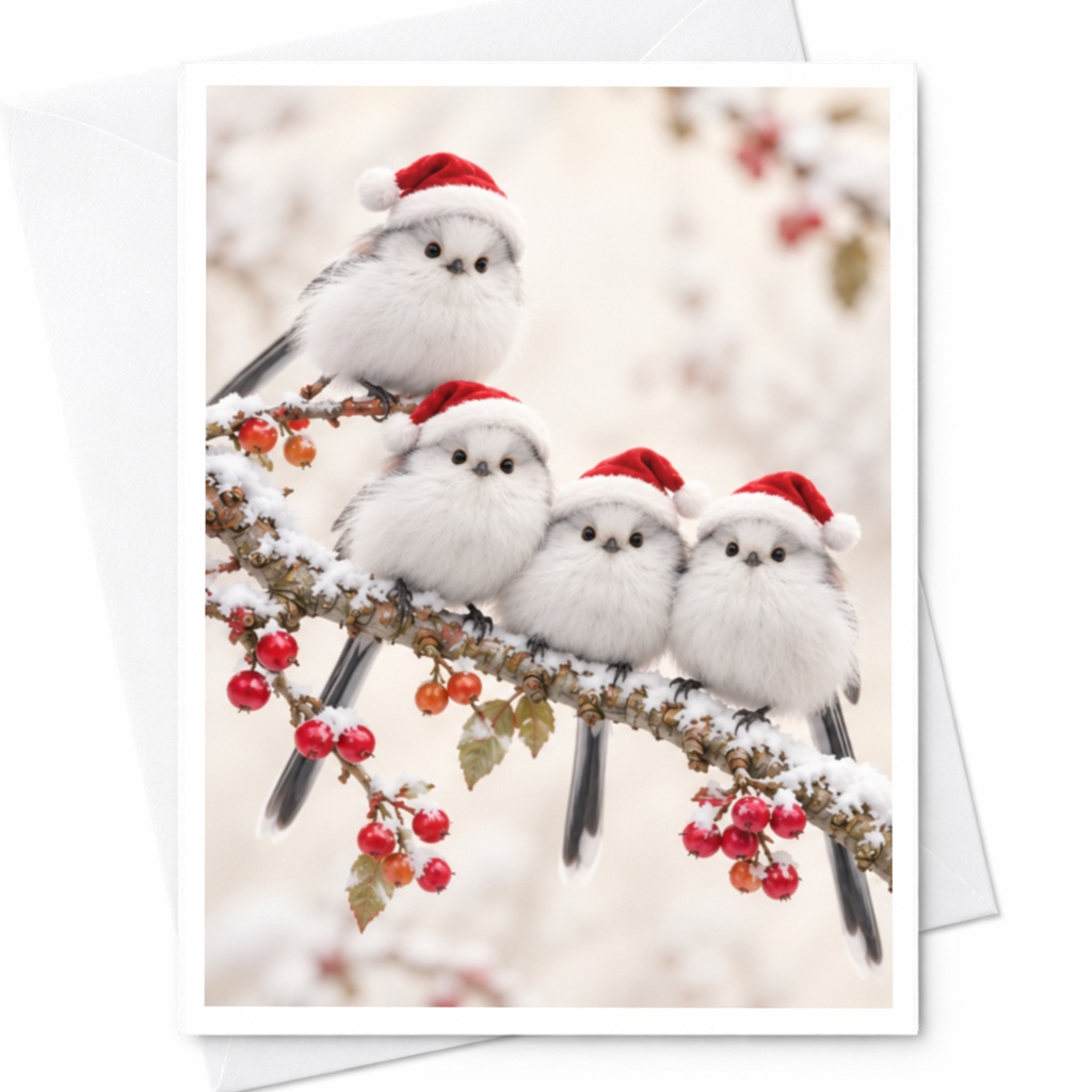 Cute Birds With Santa Hats Christmas Card Festive Holiday Greeting Card Winter Scene For Bird Lover Adorable Seasonal Card C8439