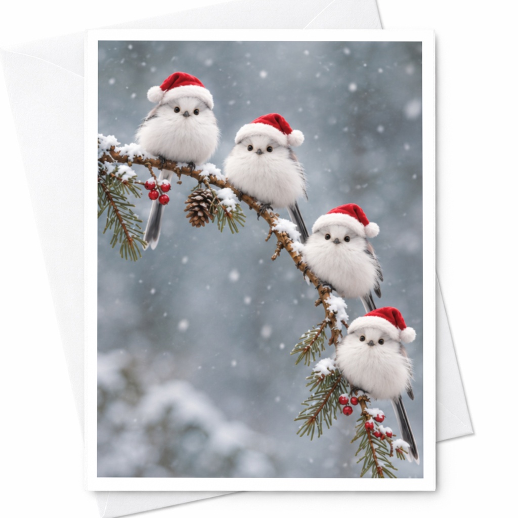 Cute Birds Christmas Card Winter Holiday Greeting Card Festive Santa Hat Birds For Bird Lover Seasonal Snowy Scene C8440
