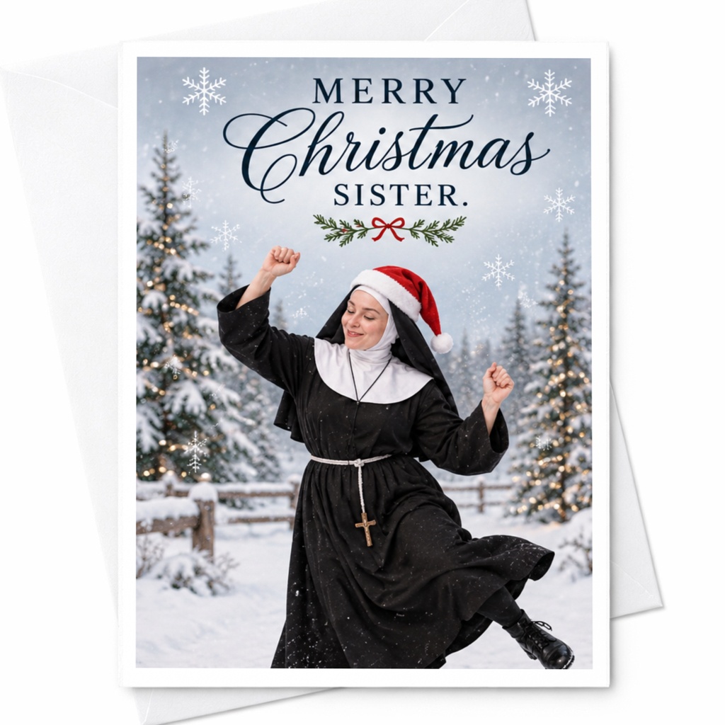 Merry Christmas Sister Christmas Card Festive Holiday Greeting Card For Sister Funny Nun Santa Hat Winter Scene C8441